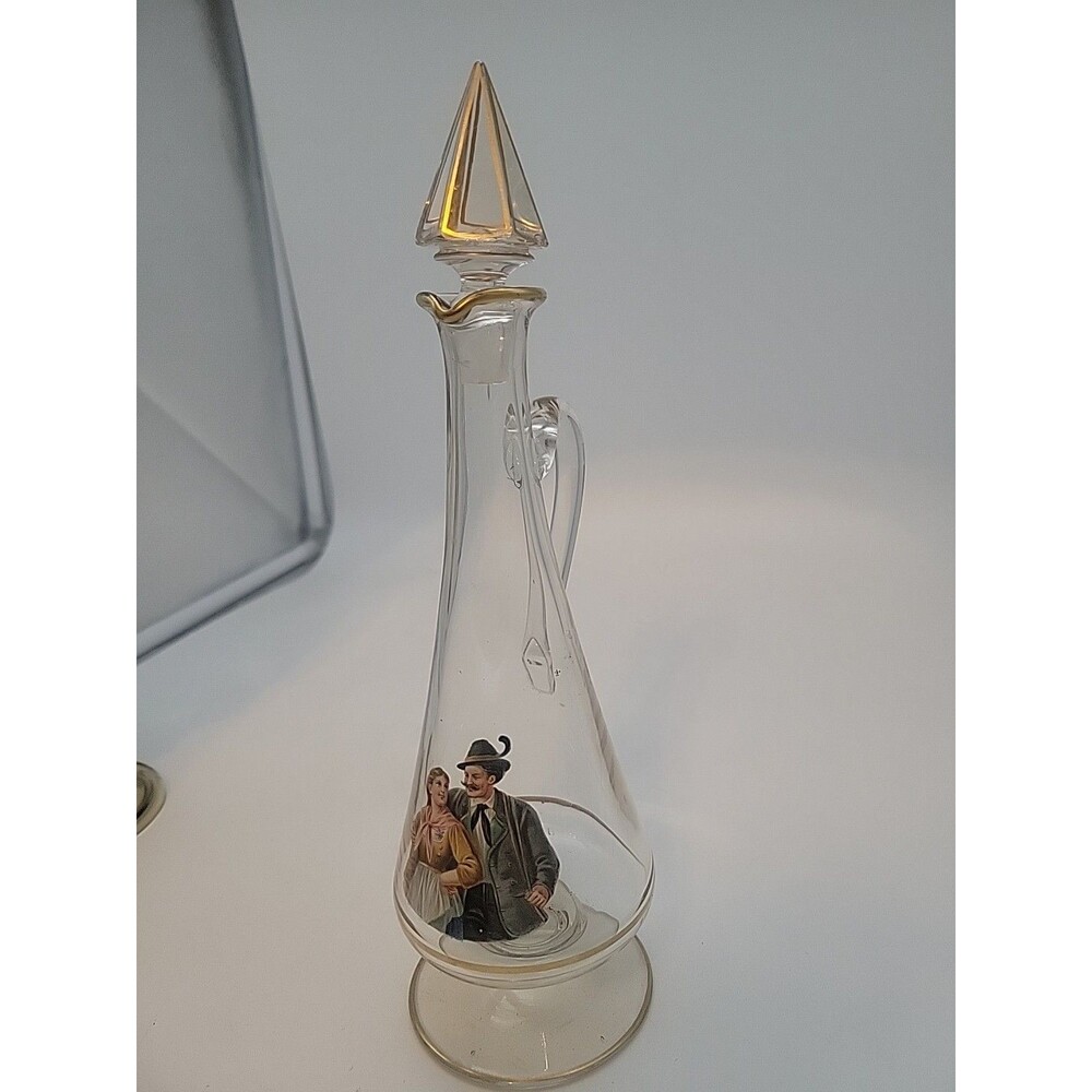 RARE l Vintage Bohemian Moser-Style Amber Glass Decanter with Couple Gilding